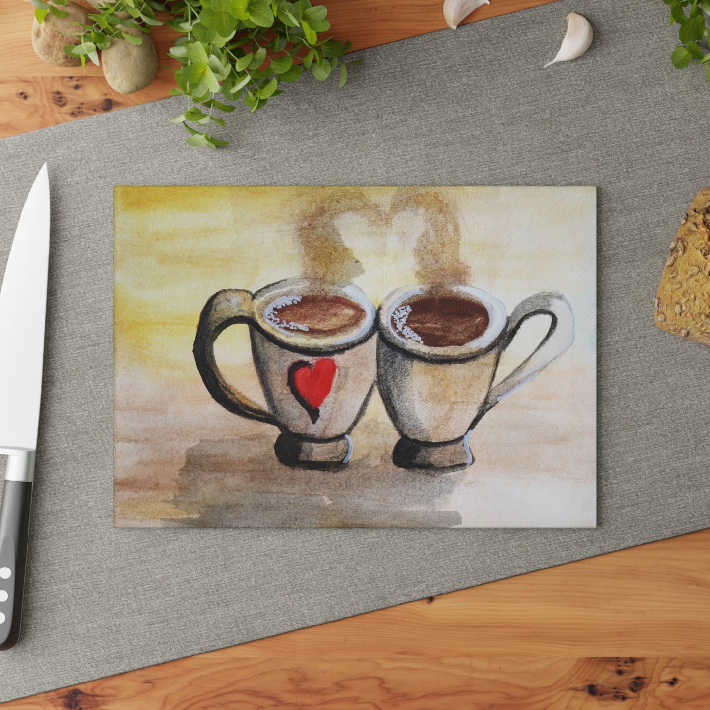 Glass Cutting Board Two Cups, One Heart